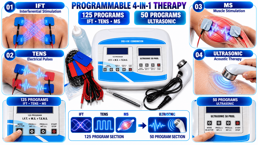 Programmable 4-in-1 Physiotherapy Machine with 125 Programs for IFT, TENS and MS plus 50 Programs for Ultrasonic Therapy