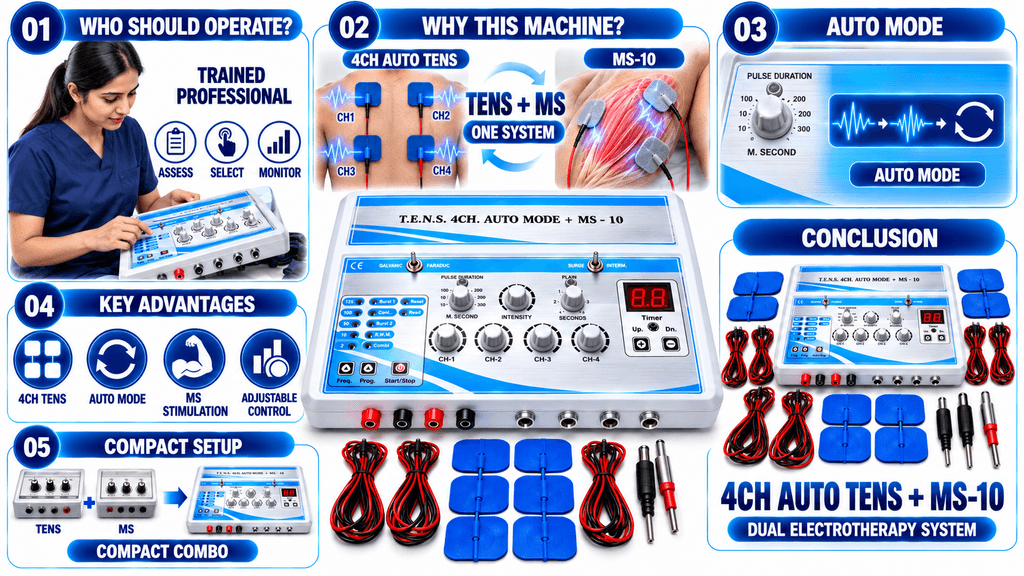 4CH Auto TENS + MS-10 Dual Electrotherapy Physiotherapy Machine with Auto Mode, Muscle Stimulation and Accessories