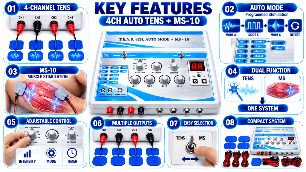 4 Channel Auto Mode TENS + MS-10 Physiotherapy Machine with Muscle Stimulation, Digital Timer and Adjustable Controls