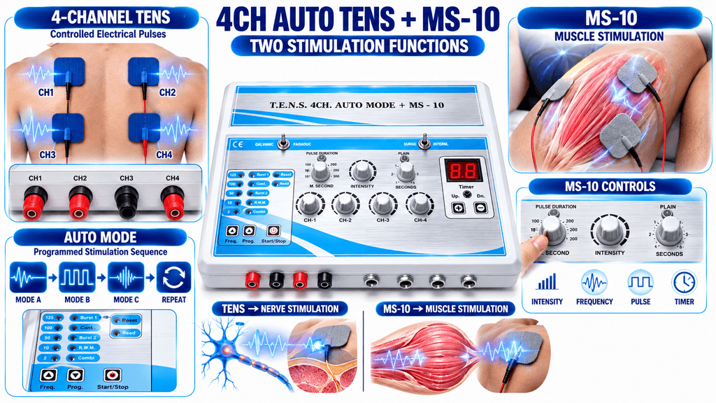 4 Channel Auto Mode TENS + MS-10 Muscle Stimulation Physiotherapy Machine with Digital Timer and Adjustable Controls