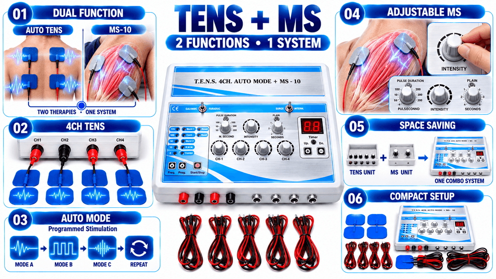 4 Channel Auto Mode TENS + MS-10 Physiotherapy Machine with Dual TENS and Muscle Stimulation Functions