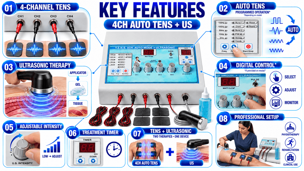 4CH Auto TENS and Ultrasonic Therapy Combo Device Key Features with 4 Channel TENS, Digital Control and Ultrasound