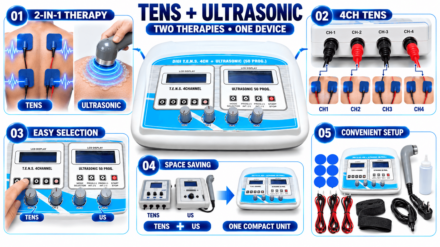 4CH TENS + US Combo Machine 4CH TENS and Ultrasonic 50 Program 2-in-1 Physiotherapy Machine with Electrodes and Ultrasound Applicator