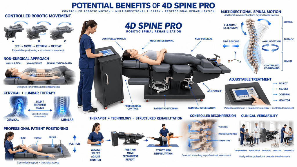 4D Spine Pro Decompression Therapy Machine 4D Spine Pro Decompression Therapy Machine showing robotic spinal movement, cervical and lumbar therapy, controlled decompression and multidirectional rehabilitation