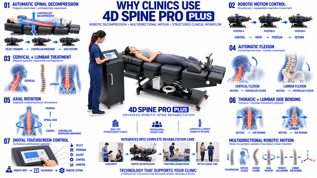 4D Spine Pro PLUS Decompression Therapy Machine 4D Spine Pro Plus Robotic Decompression Therapy Machine with automatic spinal decompression, cervical lumbar treatment, axial rotation and multidirectional movement