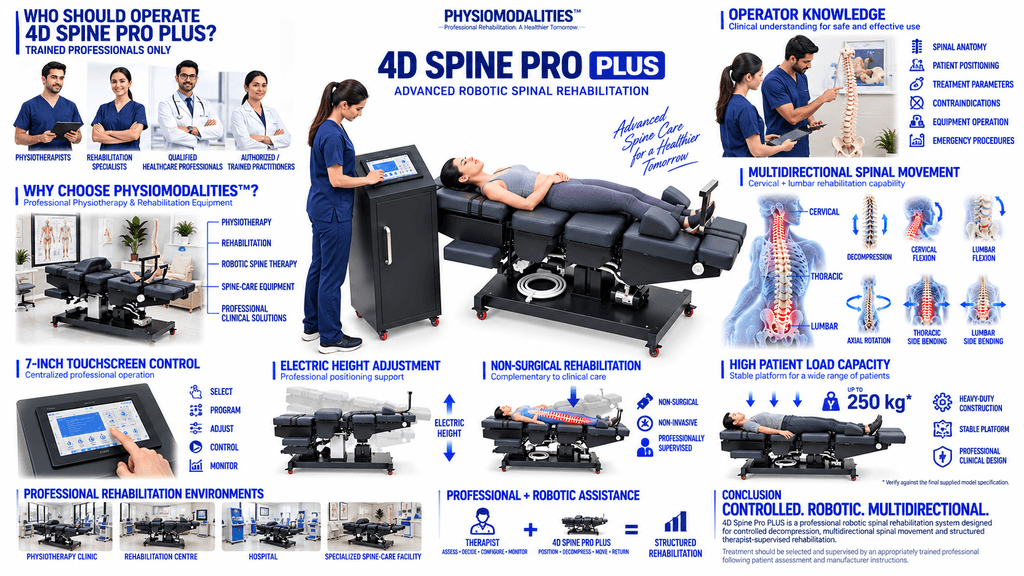 4D Spine Pro PLUS Decompression Therapy Machine 4D Spine Pro Plus Robotic Decompression Therapy Machine with multidirectional spinal movement, cervical lumbar rehabilitation, touchscreen control and electric height adjustment