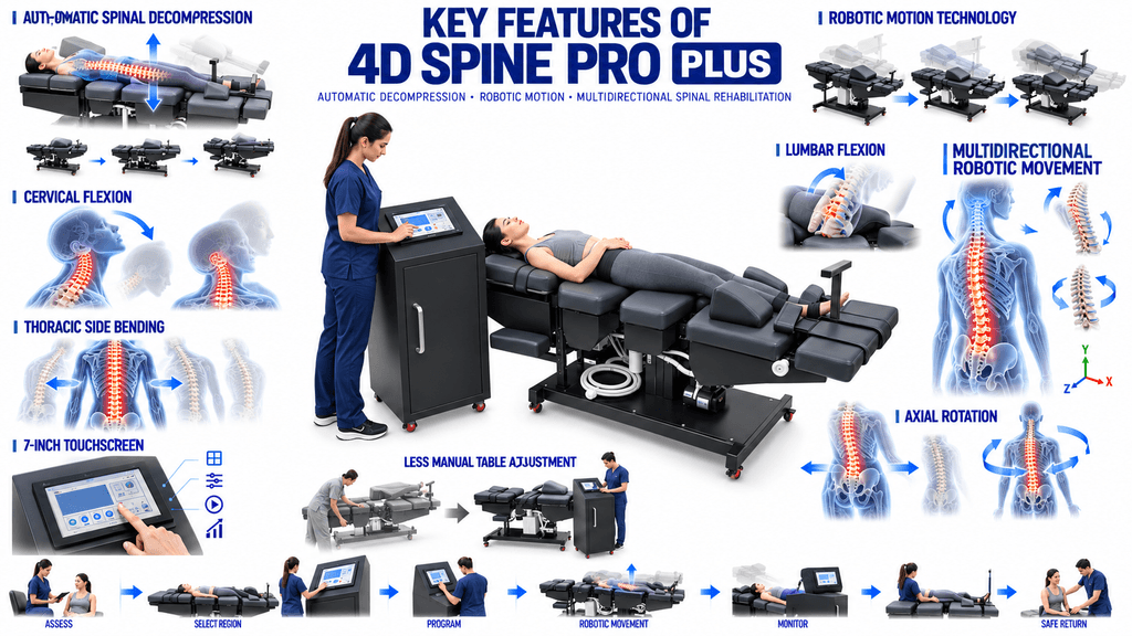 4D Spine Pro PLUS Decompression Therapy Machine 4D Spine Pro Plus Decompression Therapy Machine with automatic spinal decompression, robotic motion, cervical flexion, lumbar flexion and multidirectional movement