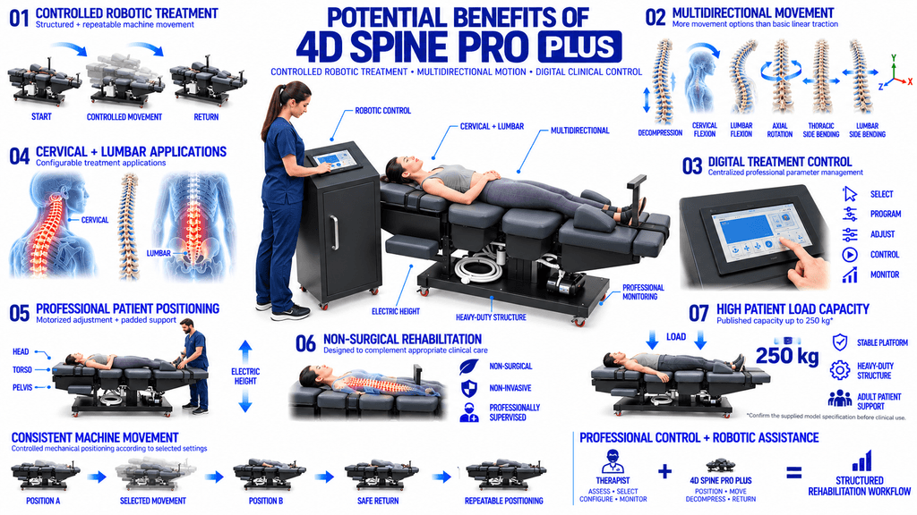 4D Spine Pro PLUS Decompression Therapy Machine 4D Spine Pro Plus Decompression Therapy Machine with controlled robotic movement, cervical and lumbar therapy, multidirectional motion and digital control