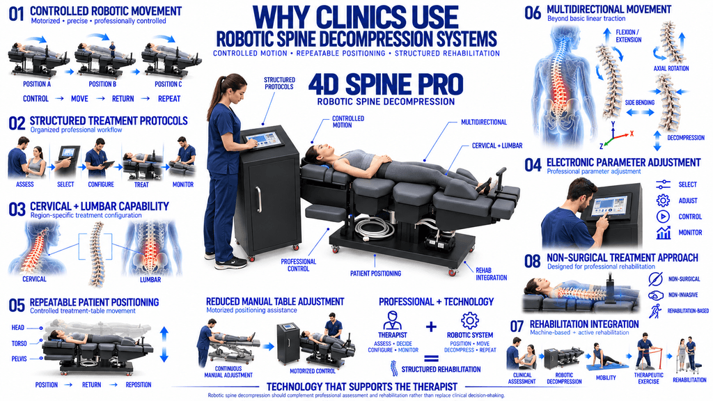 4D Spine Pro Decompression Therapy Machine 4D Spine Pro Robotic Spine Decompression Therapy Machine with controlled movement, cervical lumbar treatment and rehabilitation