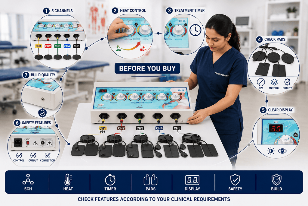 5CH Deep Heat Therapy Unit 5 channel deep heat physiotherapy machine buying guide showing heat control, treatment timer, therapy pads, digital display and safety features.