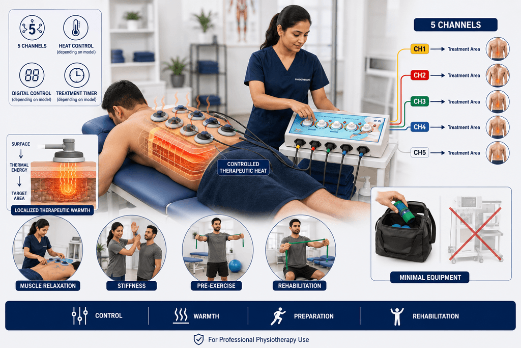 5CH Deep Heat Therapy Unit 5 channel deep heat physiotherapy machine with multiple applicators providing controlled localized therapeutic warmth for professional rehabilitation use.