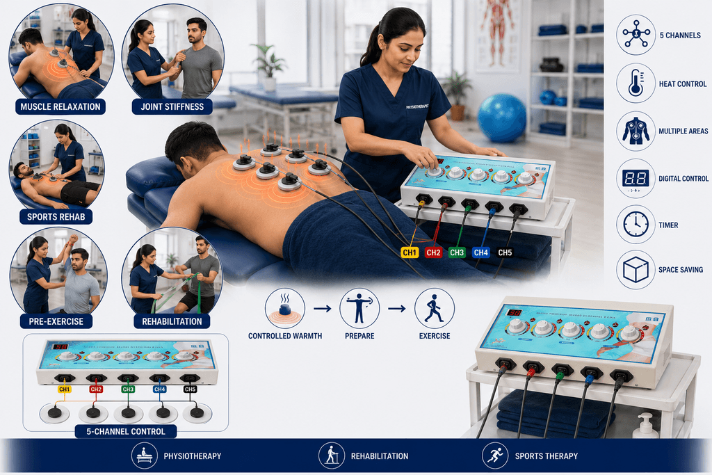 5CH Deep Heat Therapy Unit 5 channel deep heat physiotherapy machine with multiple heat therapy pads, adjustable heat control, digital timer and multi-area treatment for rehabilitation.