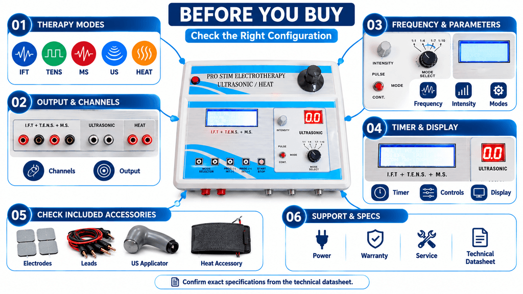 5-in-1 combination physiotherapy machine buying guide showing IFT, TENS, muscle stimulation, ultrasonic and heat therapy modes, outputs, controls, accessories and support checks.