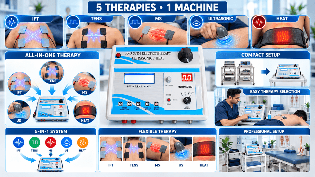 5-in-1 physiotherapy combination therapy machine showing IFT, TENS, muscle stimulation, ultrasonic therapy and heat therapy in one compact clinical system.