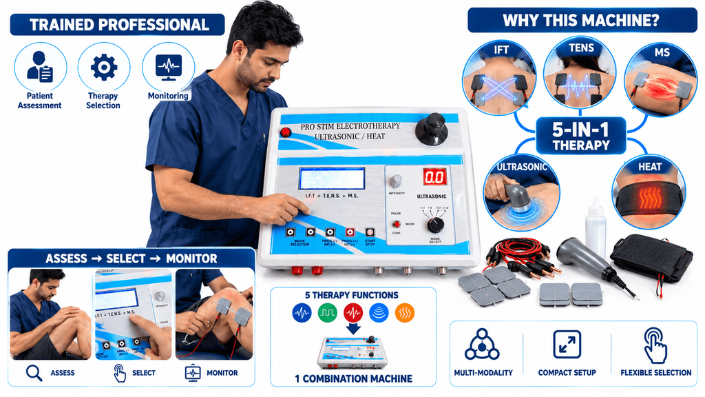 5-in-1 combination physiotherapy machine for trained professionals featuring IFT, TENS, muscle stimulation, ultrasonic and heat therapy with patient assessment, therapy selection and monitoring.