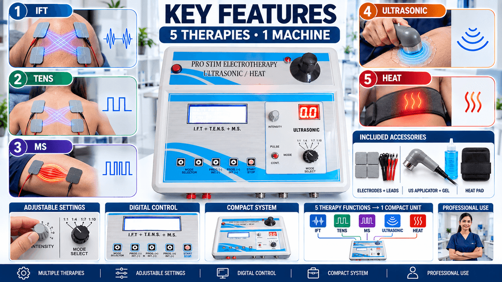 5-in-1 physiotherapy combination therapy machine featuring IFT, TENS, muscle stimulation, ultrasonic therapy and heat therapy with accessories and adjustable controls.
