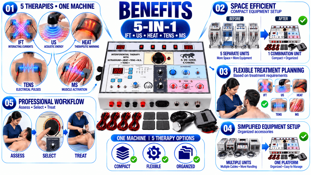 Benefits of 5-in-1 Physiotherapy Machine with IFT, Ultrasonic, Heat, TENS and Muscle Stimulation