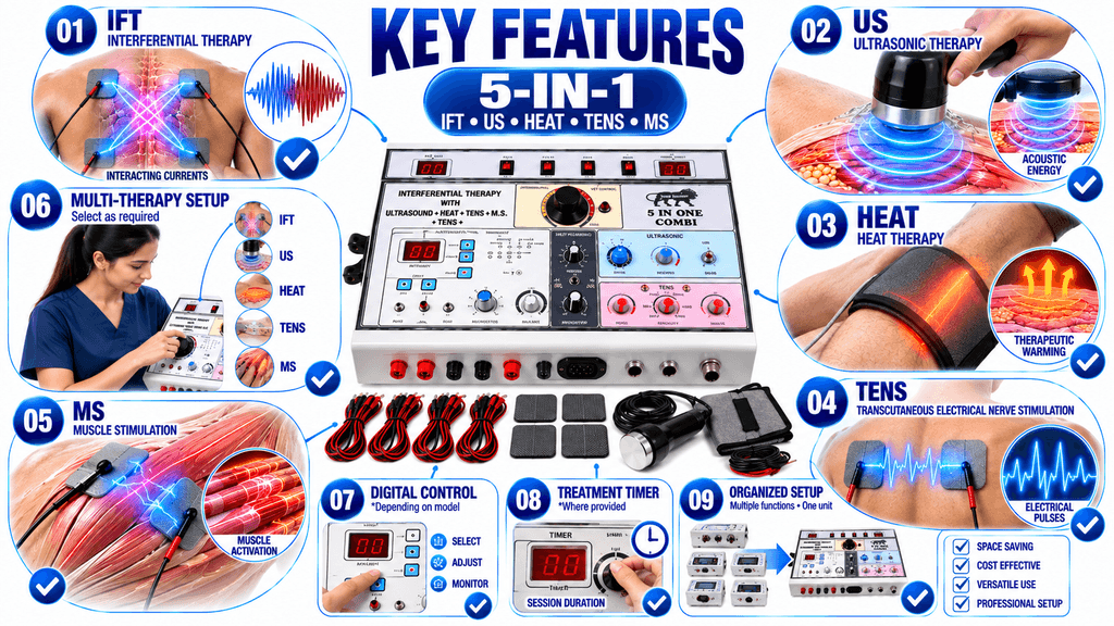 Key Features of 5-in-1 Physiotherapy Machine with IFT, Ultrasonic, Heat, TENS and Muscle Stimulation