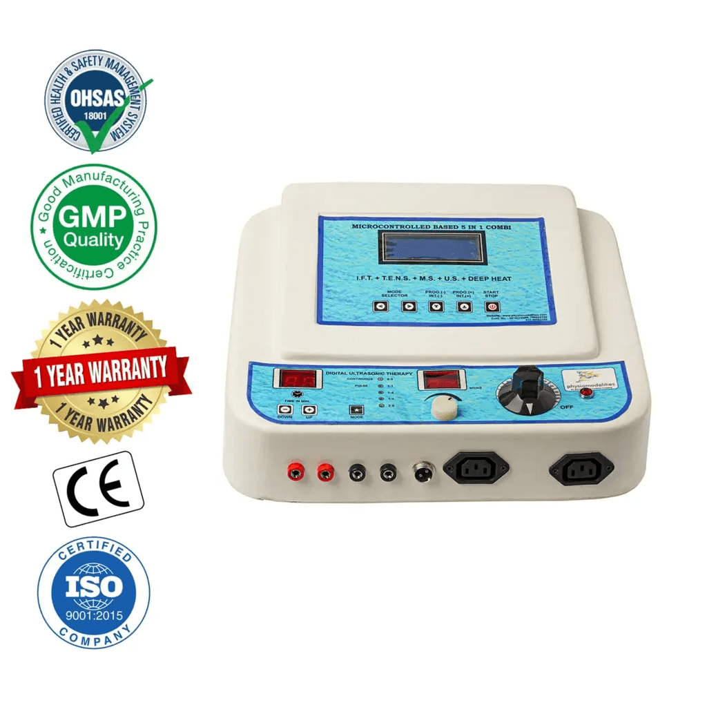 Microcontrolled 5-in-1 Physiotherapy Machine Microcontrolled 5-in-1 Physiotherapy Machine with IFT, TENS, MS, Ultrasonic and Deep Heat Therapy
