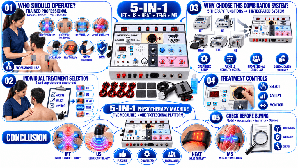 5-in-1 Physiotherapy Machine with IFT, Ultrasonic, Heat, TENS and Muscle Stimulation for Professional Therapy