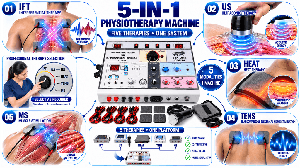 5-in-1 Physiotherapy Machine with IFT, Ultrasonic, Heat, TENS and Muscle Stimulation Therapies