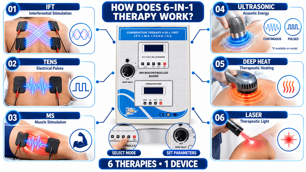 6-in-1 physiotherapy combination machine with IFT, TENS, muscle stimulation, ultrasonic, deep heat and laser therapy