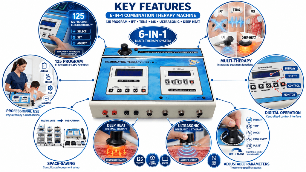 6-in-1 Combination Therapy Machine Key Features of 6-in-1 Combination Physiotherapy Machine with 125 Programs, IFT, TENS, MS, Ultrasonic and Deep Heat Therapy