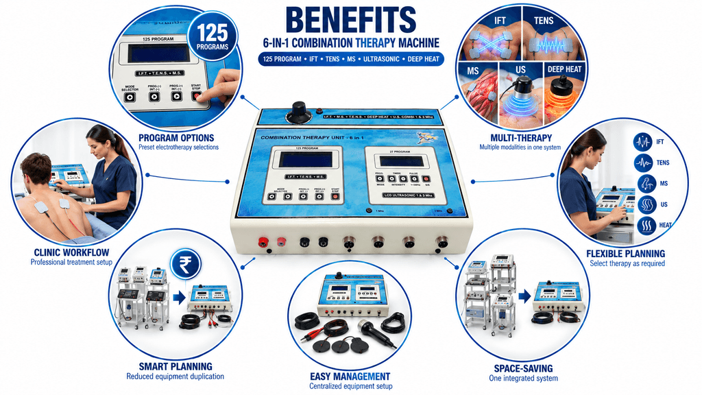 6-in-1 Combination Therapy Machine Benefits of 6-in-1 Combination Physiotherapy Machine with 125 Programs, IFT, TENS, MS, Ultrasonic and Deep Heat Therapy