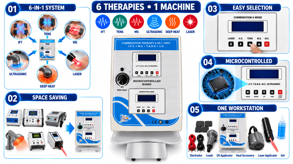 6-in-1 microcontrolled physiotherapy combination machine with IFT, TENS, MS, ultrasonic, deep heat and laser therapy