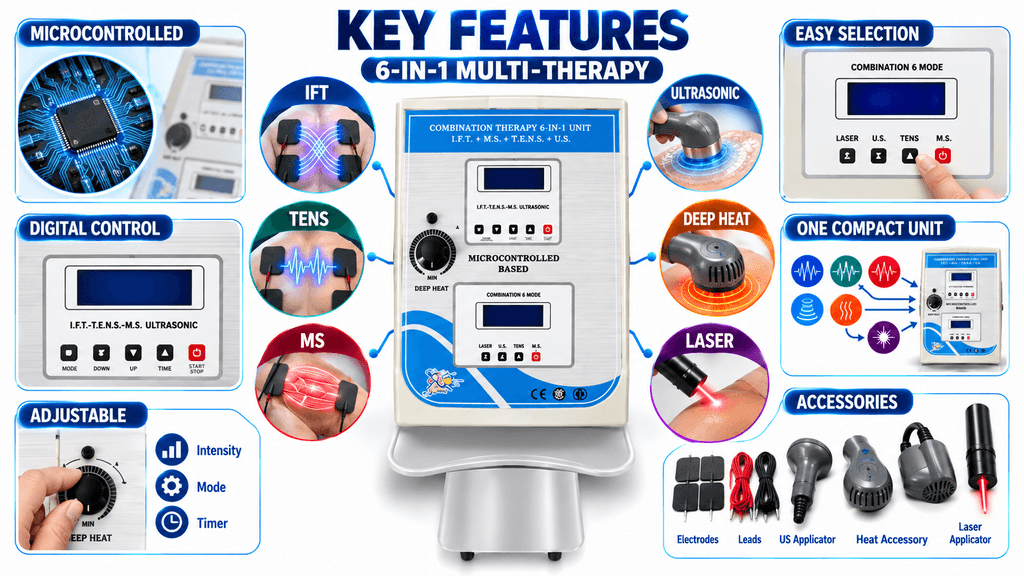 6-in-1 microcontrolled physiotherapy machine with IFT, TENS, MS, ultrasonic, deep heat and laser therapy