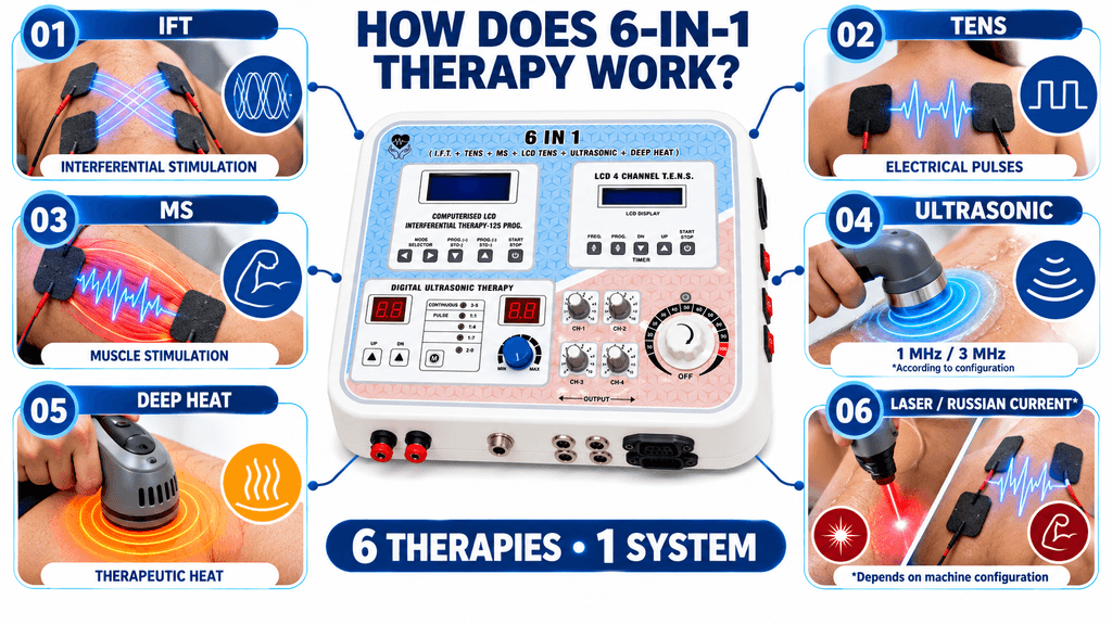 6-in-1 Physiotherapy Combination Machine 6-in-1 physiotherapy therapy machine showing IFT, TENS, muscle stimulation, ultrasonic, deep heat and additional therapy configuration