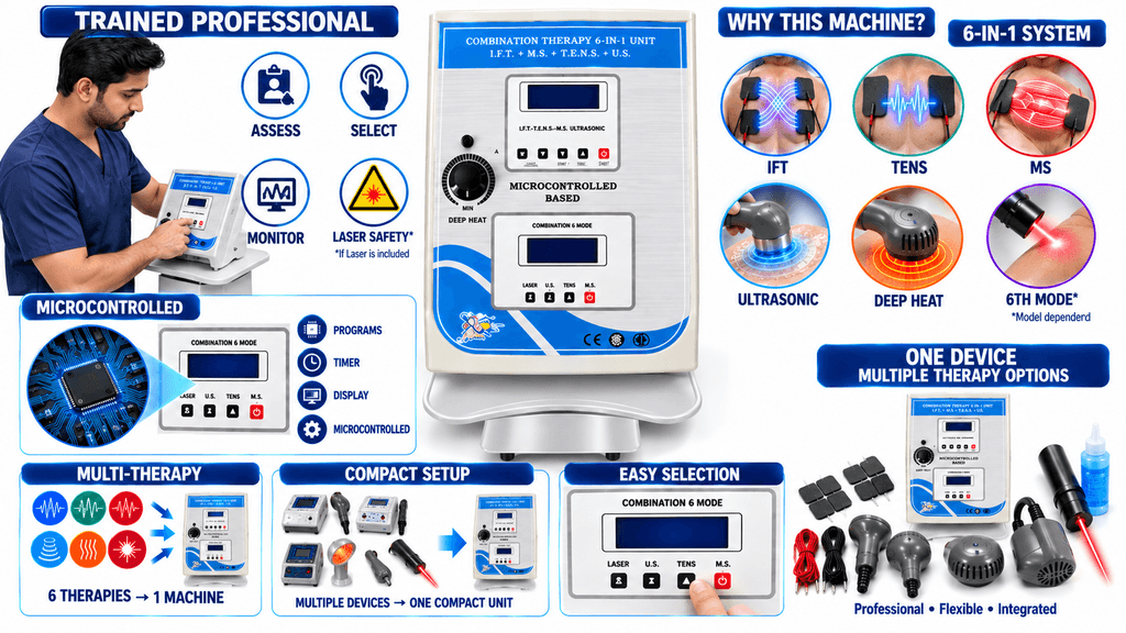 6-in-1 physiotherapy combination machine with IFT, TENS, MS, ultrasonic, deep heat and sixth therapy mode for professional clinical use