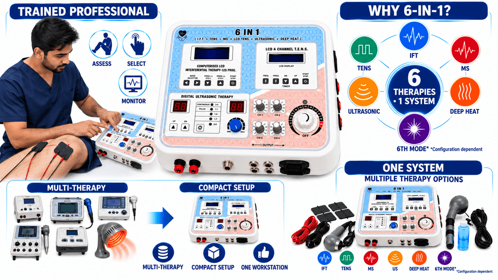 6-in-1 Physiotherapy Combination Machine 6-in-1 physiotherapy combination machine with IFT, TENS, MS, ultrasonic therapy, deep heat and configurable sixth therapy mode for professional clinical use