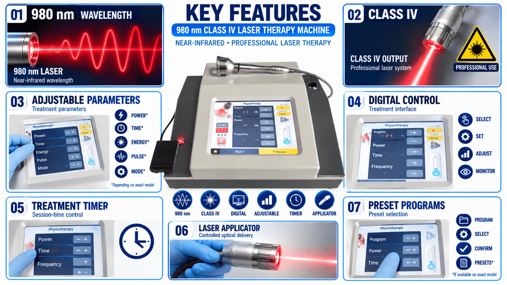 980 nm Class IV Laser Therapy Machine with Digital Control, Adjustable Parameters and Laser Applicator