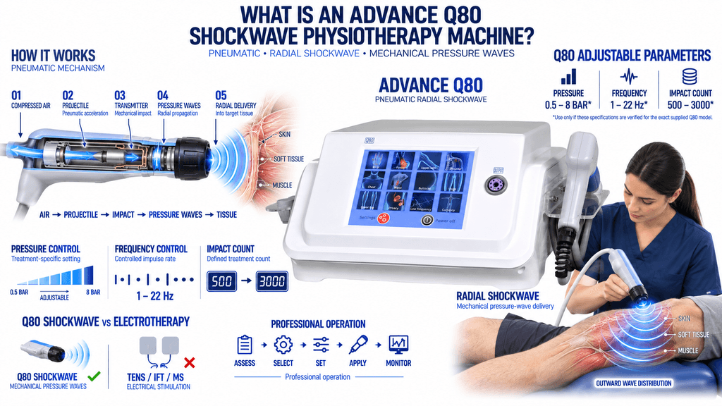Advance Q80 Shockwave Physiotherapy Machine Advance Q80 Pneumatic Shockwave Physiotherapy Machine with Radial Pressure Wave Therapy
