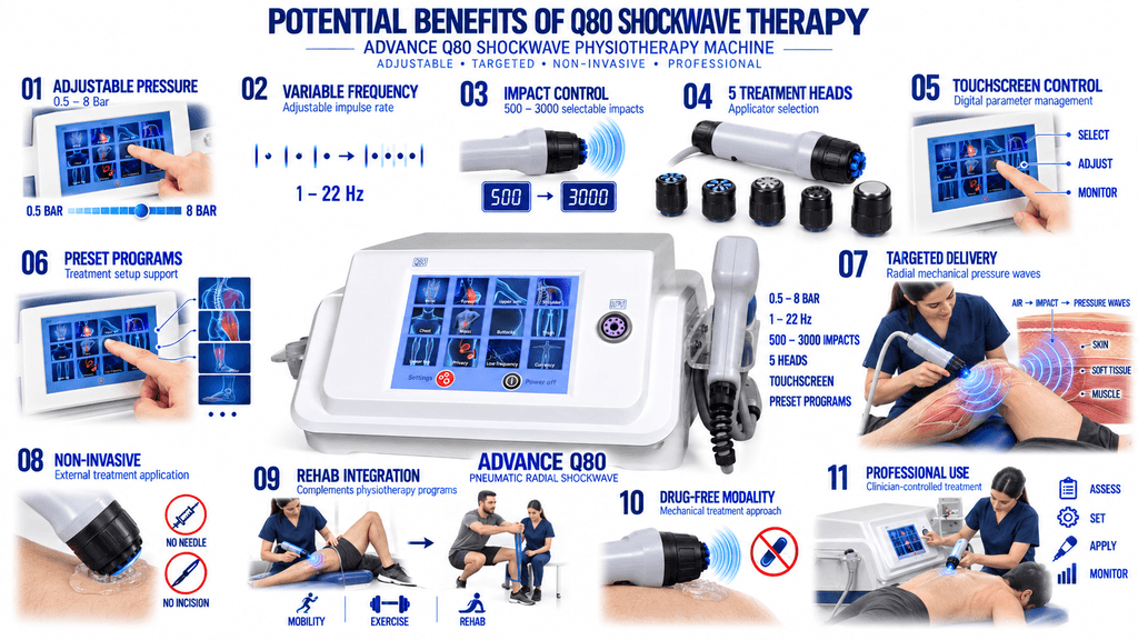 Advance Q80 Shockwave Physiotherapy Machine Advance Q80 Pneumatic Shockwave Therapy Machine with Adjustable Pressure, Frequency, 5 Treatment Heads and Touchscreen
