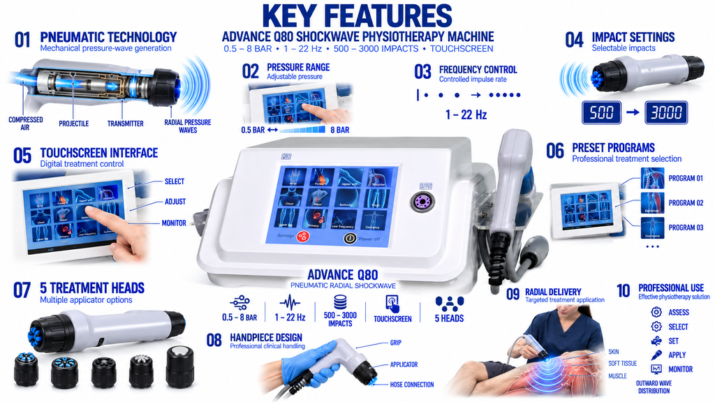 Advance Q80 Shockwave Physiotherapy Machine Advance Q80 Pneumatic Shockwave Physiotherapy Machine with Touchscreen, Adjustable Pressure, Frequency and 5 Treatment Heads