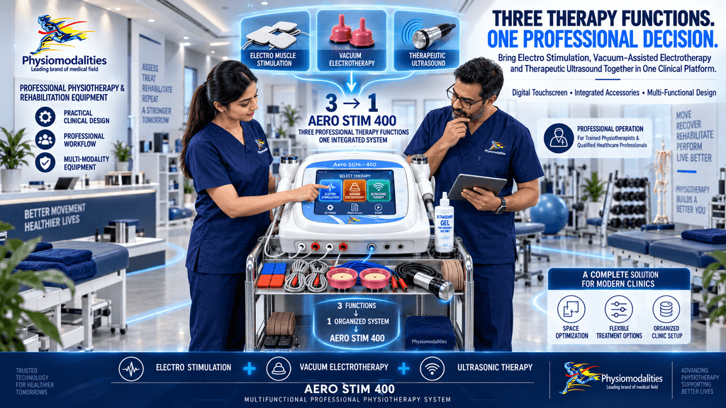 Aero Stim 400 multifunction physiotherapy machine combining electro muscle stimulation, vacuum electrotherapy and therapeutic ultrasound in one professional clinical system.