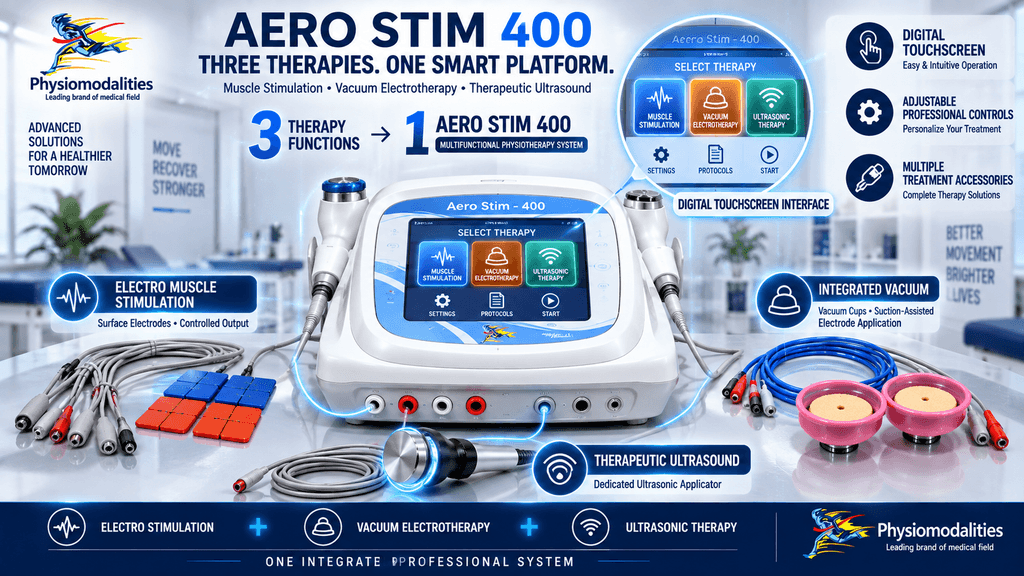 Aero Stim 400 multifunction physiotherapy machine with digital touchscreen, electro muscle stimulation electrodes, integrated vacuum electrotherapy cups and therapeutic ultrasound applicator.