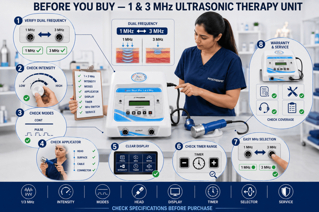 1 & 3 MHz Ultrasonic Therapy Unit 1 & 3 MHz Ultrasonic Therapy Unit buyer guide showing dual frequency selection, intensity, therapy modes, applicator, digital display, timer, controls, warranty and service checks.