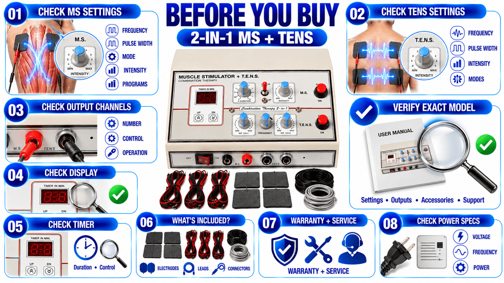 2 in 1 MS+ TENS Combo Therapy Machine 2-in-1 MS + TENS Physiotherapy Machine Before You Buy Guide with Settings, Timer, Electrodes and Accessories