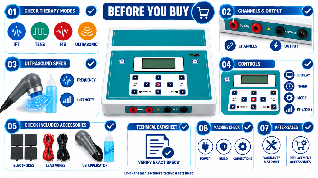 4-in-1 Electrotherapy Combo Machine Before buying 4-in-1 electrotherapy combo machine check IFT, TENS, MS, Ultrasonic Therapy, channels, controls and accessories