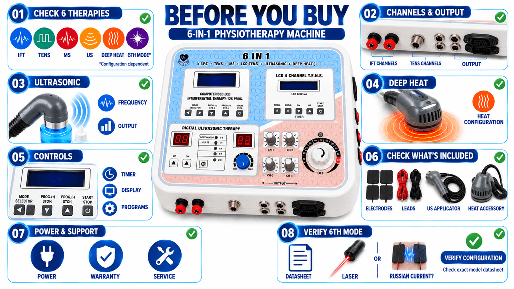 6-in-1 Physiotherapy Combination Machine Before you buy 6-in-1 physiotherapy machine checklist for IFT, TENS, MS, ultrasonic, deep heat and configurable sixth therapy mode