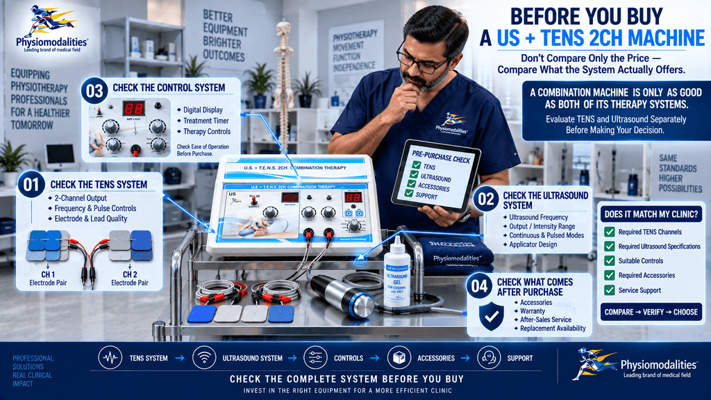 US + TENS 2CH Combination Therapy Machine US + TENS 2CH combination therapy machine pre-purchase guide showing TENS channels, ultrasound system, controls, accessories, warranty and after-sales support checks.