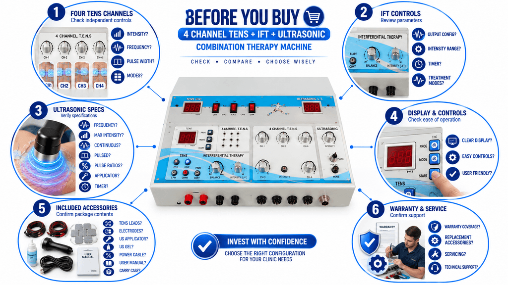 4 Ch TENS + IFT + US Combo Therapy device Before You Buy 4 Channel TENS with IFT and Ultrasonic Combination Physiotherapy Machine