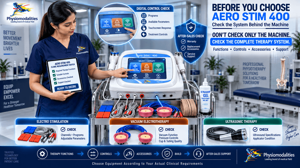 Before you choose Aero Stim 400 multifunction physiotherapy machine showing electro stimulation, vacuum electrotherapy, ultrasonic therapy, accessories, digital controls and after-sales support.