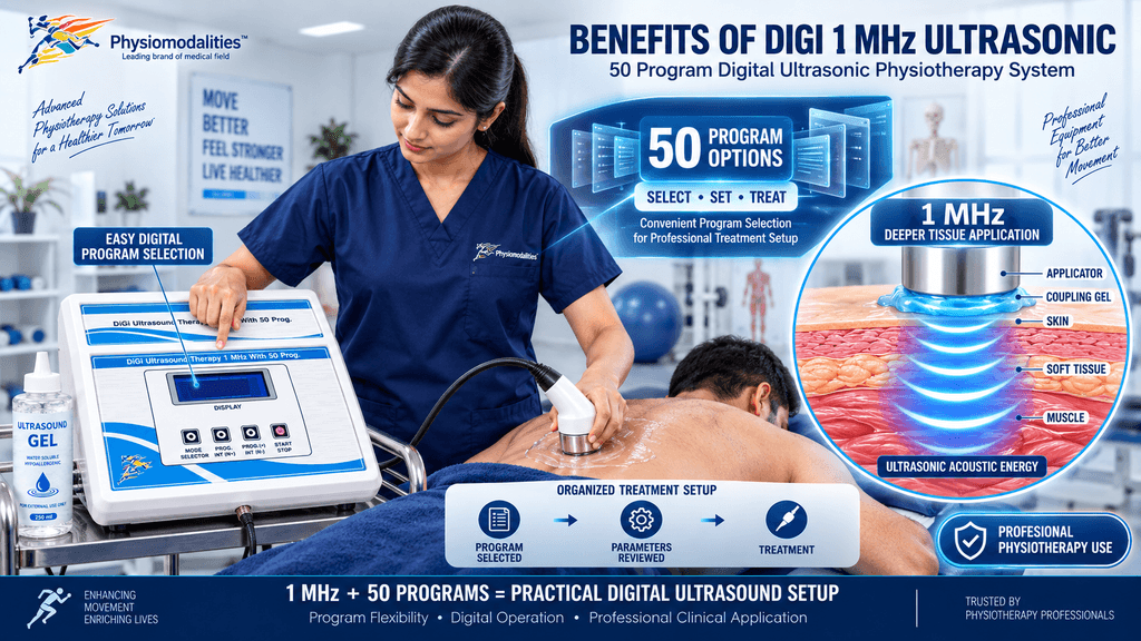 DIGI Ultrasonics Therapy 1 MHz with 50 Programs Benefits of Physiomodalities Digi 1 MHz Ultrasonic Therapy machine with 50 programs, showing digital program selection, professional applicator, coupling gel and deeper tissue ultrasound application.