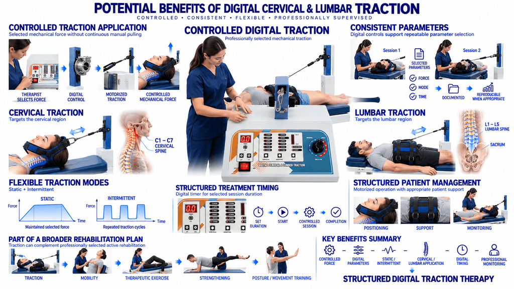 Potential Benefits of Digital Cervical and Lumbar Traction Physiotherapy Machine with controlled force, static and intermittent traction modes
