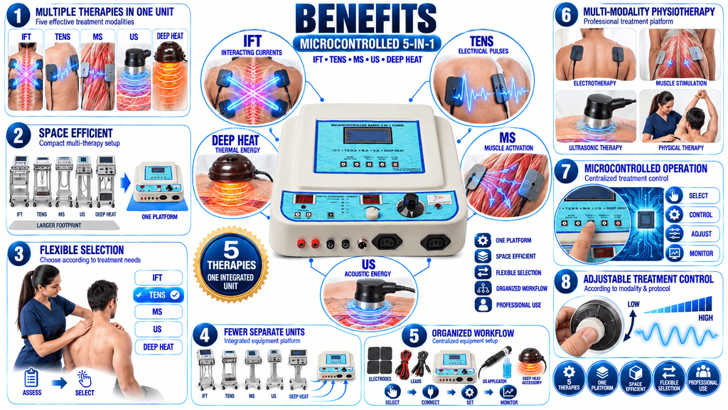 Microcontrolled 5-in-1 Physiotherapy Machine Microcontrolled 5-in-1 Physiotherapy Machine Benefits with IFT, TENS, MS, Ultrasonic and Deep Heat Therapy