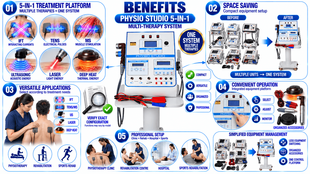 Benefits of Physio Studio 5-in-1 Physiotherapy Machine with IFT, TENS, MS, Ultrasonic, Laser and Deep Heat Therapy